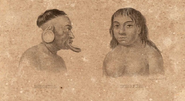 Desenho em preto e branco. À esquerda, perfil de índio botocudo, com alargador de orelha, lábio inferior artificialmente aumentado e cabelo cortado na altura dos olhos.. À direita, o rosto de um índio puri, com cabelos longos e lisos.